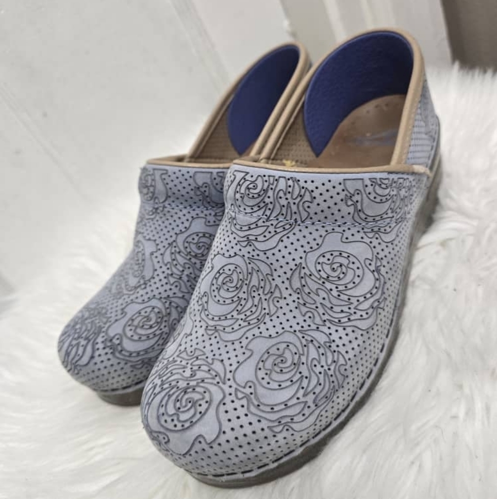 Dansko Suede Clogs Floral Perforated Blue Women's Size EU 38